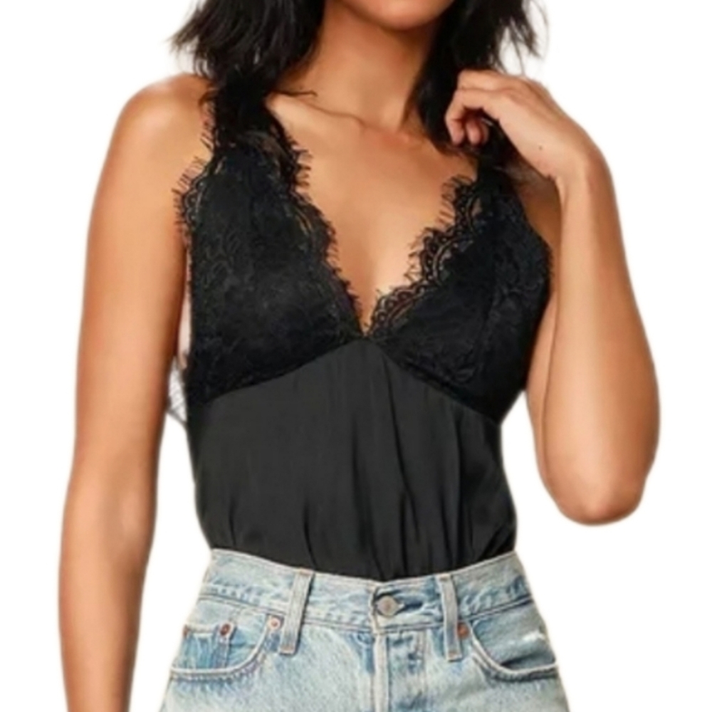 Free People Melrose Lace Open Back Sleeveless Black Bodysuit